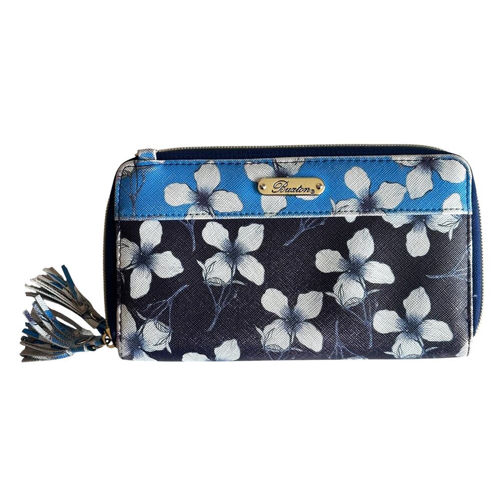 Buxton Floral Accordion Wallet Womens Plum Blue Matching Tassels Zip Around